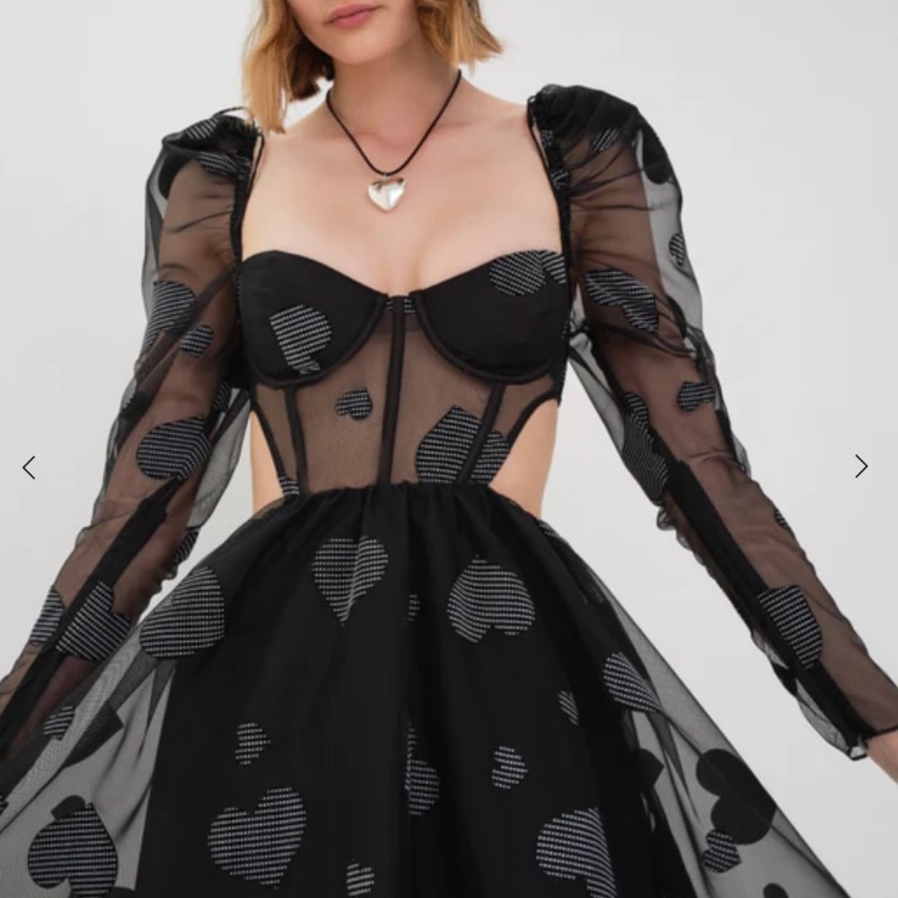 For Love & Lemons Alexandra Long Sleeve Mini Dress Black Hearts NWT - Picture 6 of 7